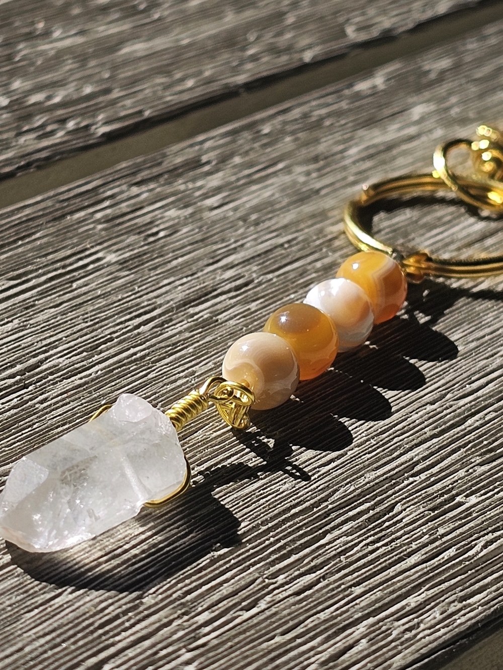 Gold Crystal & Amber Bead Keychain - White Crystal, Amber Beads